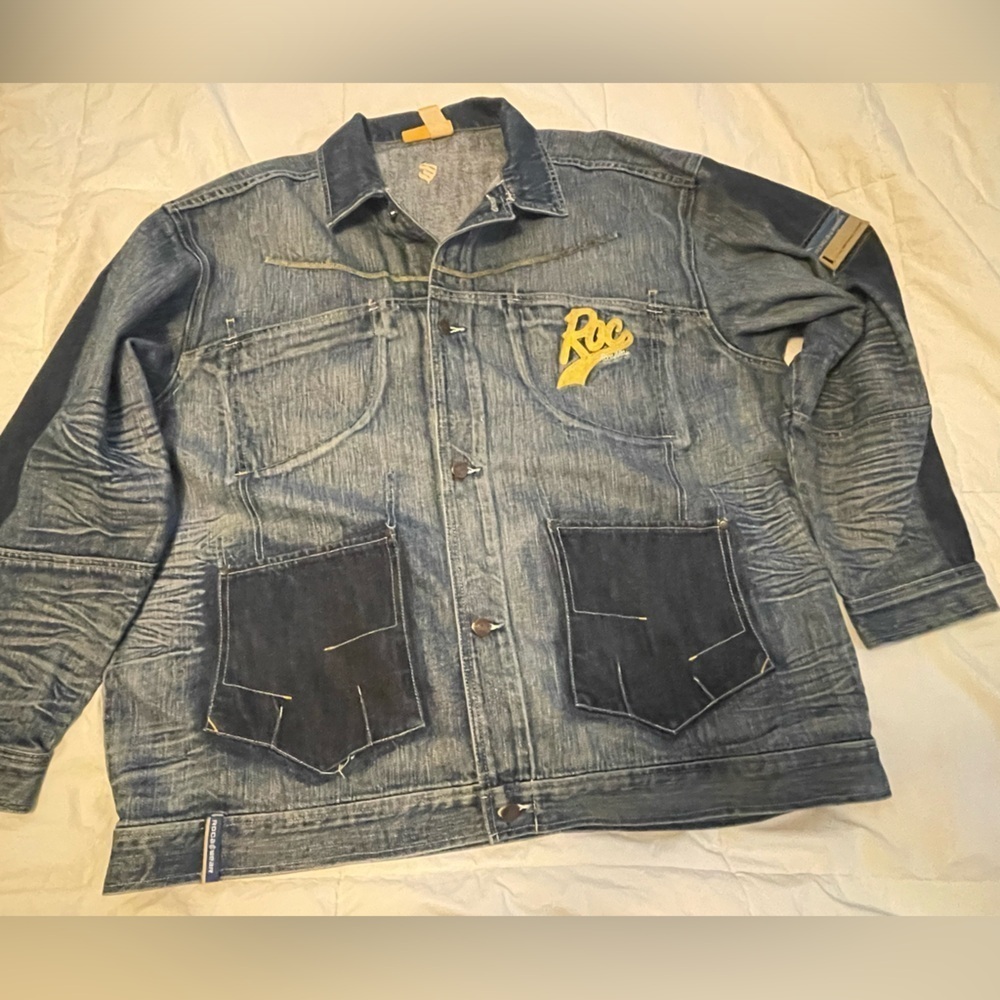Roca Wear 2XL Y2K Streetwear Distressed Blue Jean Jacket - Picture 12 of 14